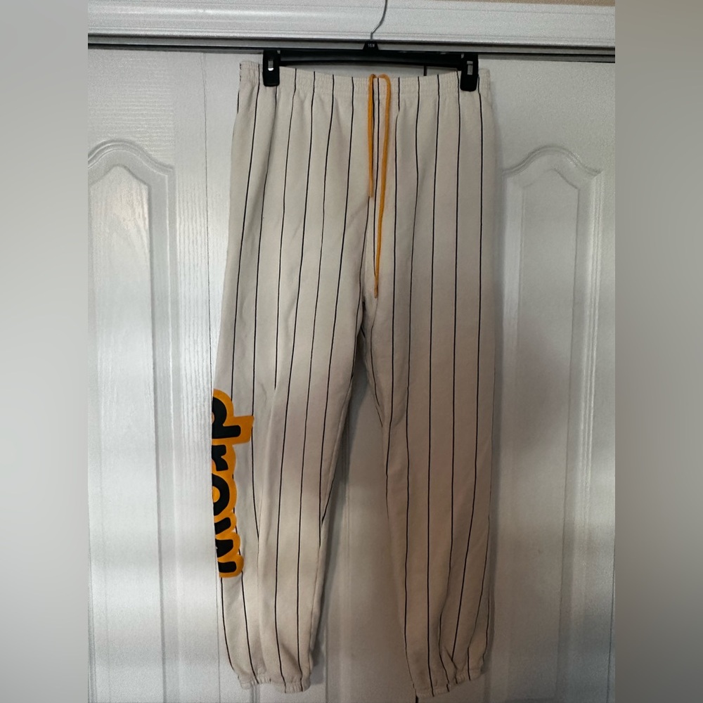 drew house Cream Pinstripe Joggers with Yellow Logo